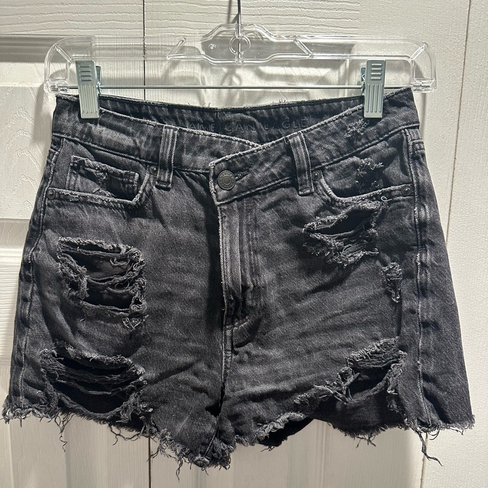 American Eagle High Waisted Distressed Black Denim Shorts